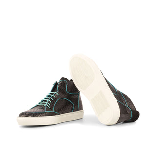 Ambrogio Men's Handmade Custom Made Shoes Black & Turquoise Snake-Skin / Suede /Leather High-Top Sneakers (AMB1129)