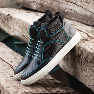 Ambrogio Men's Handmade Custom Made Shoes Black & Turquoise Snake-Skin / Suede /Leather High-Top Sneakers (AMB1129)