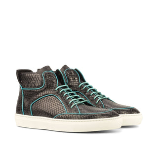 Ambrogio Men's Handmade Custom Made Shoes Black & Turquoise Snake-Skin / Suede /Leather High-Top Sneakers (AMB1129)