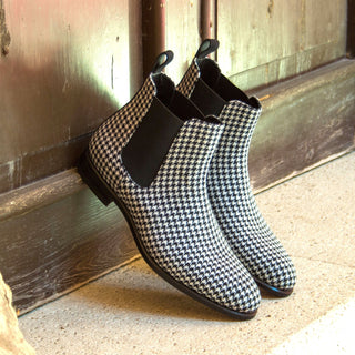 Ambrogio Men's Handmade Custom Made Shoes Black & White Houndstooth Sartorial / Lux Suede Chelsea Boots (AMB1007)