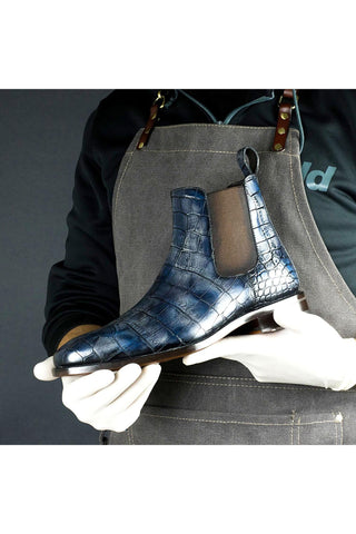 Ambrogio Men's Handmade Custom Made Shoes Blue Crocodile Embossed / Dakar Patina Leather Chelsea Boots (AMB1638)-AmbrogioShoes