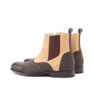 Ambrogio Men's Handmade Custom Made Shoes Brown & Beige Calf-Skin Leather Chelsea Boots (AMB1021)