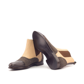 Ambrogio Men's Handmade Custom Made Shoes Brown & Beige Calf-Skin Leather Chelsea Boots (AMB1021)