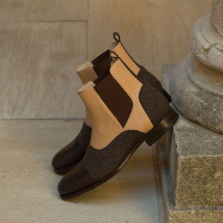 Ambrogio Men's Handmade Custom Made Shoes Brown & Beige Calf-Skin Leather Chelsea Boots (AMB1021)