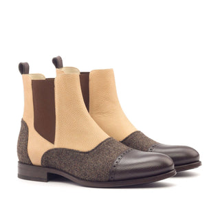 Ambrogio Men's Handmade Custom Made Shoes Brown & Beige Calf-Skin Leather Chelsea Boots (AMB1021)