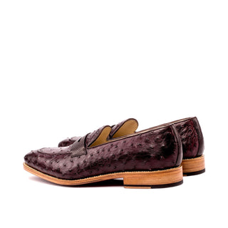 Ambrogio Men's Handmade Custom Made Shoes Brown & Burgundy Ostrich / Pebble Grain Leather Penny Loafers (AMB1082)