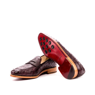 Ambrogio Men's Handmade Custom Made Shoes Brown & Burgundy Ostrich / Pebble Grain Leather Penny Loafers (AMB1082)