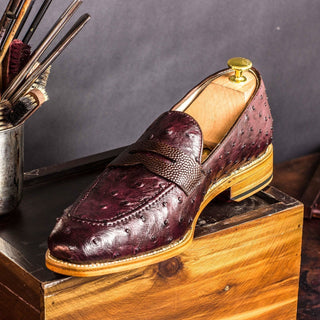 Ambrogio Men's Handmade Custom Made Shoes Brown & Burgundy Ostrich / Pebble Grain Leather Penny Loafers (AMB1082)