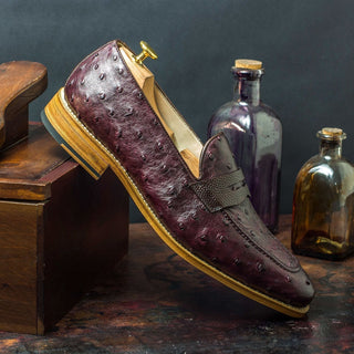 Ambrogio Men's Handmade Custom Made Shoes Brown & Burgundy Ostrich / Pebble Grain Leather Penny Loafers (AMB1082)