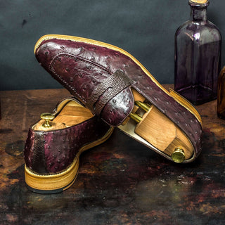 Ambrogio Men's Handmade Custom Made Shoes Brown & Burgundy Ostrich / Pebble Grain Leather Penny Loafers (AMB1082)