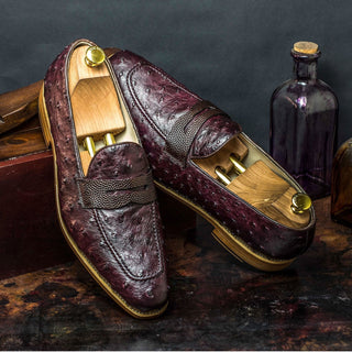 Ambrogio Men's Handmade Custom Made Shoes Brown & Burgundy Ostrich / Pebble Grain Leather Penny Loafers (AMB1082)