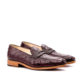 Ambrogio Men's Handmade Custom Made Shoes Brown & Burgundy Ostrich / Pebble Grain Leather Penny Loafers (AMB1082)