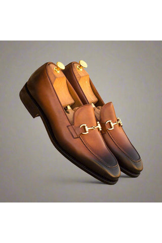 Ambrogio Men's Handmade Custom Made Shoes Brown Burnished Leather Horsebit Loafers (AMB1066)-AmbrogioShoes