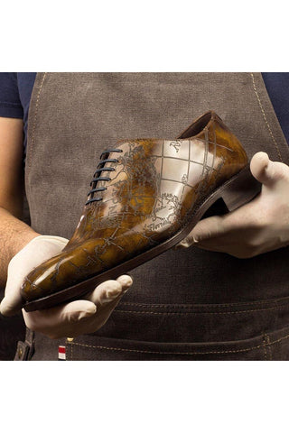 Ambrogio Men's Handmade Custom Made Shoes Brown Cartography Embossed / Patina Leather Whole-Cut Oxfords (AMB1478)-AmbrogioShoes