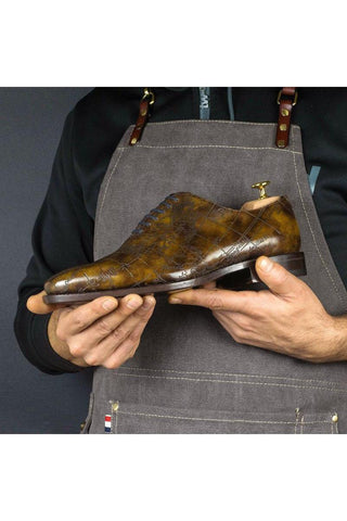 Ambrogio Men's Handmade Custom Made Shoes Brown Cartography Embossed / Patina Leather Whole-Cut Oxfords (AMB1478)-AmbrogioShoes