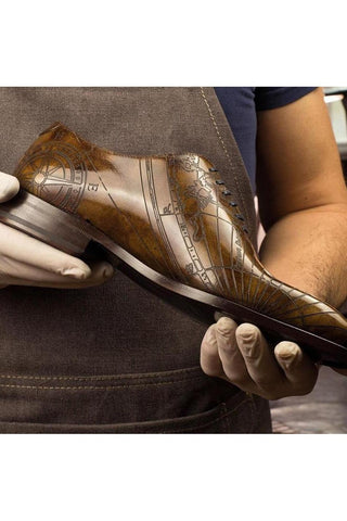 Ambrogio Men's Handmade Custom Made Shoes Brown Cartography Embossed / Patina Leather Whole-Cut Oxfords (AMB1478)-AmbrogioShoes