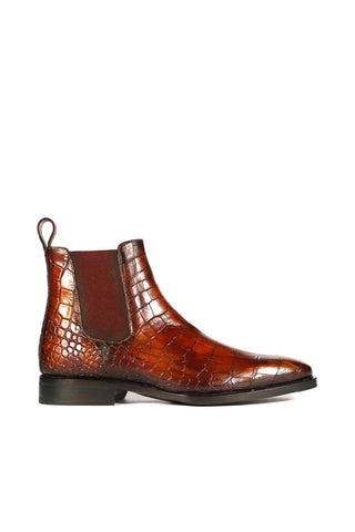Ambrogio Men's Handmade Custom Made Shoes Brown Crocodile Embossed / Nairobi Patina Leather Chelsea Boots (AMB1637)-AmbrogioShoes