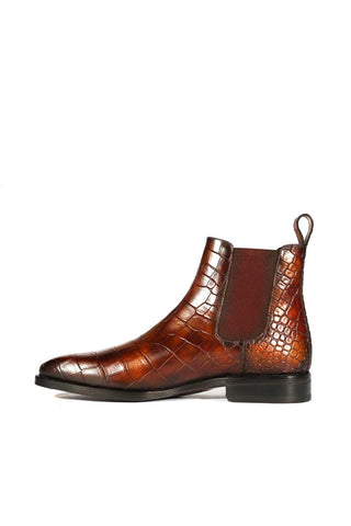 Ambrogio Men's Handmade Custom Made Shoes Brown Crocodile Embossed / Nairobi Patina Leather Chelsea Boots (AMB1637)-AmbrogioShoes