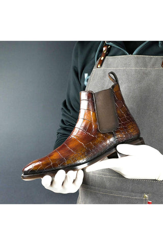 Ambrogio Men's Handmade Custom Made Shoes Brown Crocodile Embossed / Nairobi Patina Leather Chelsea Boots (AMB1637)-AmbrogioShoes