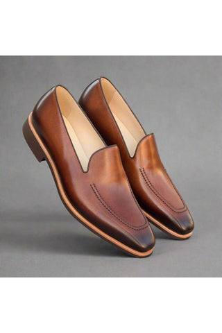 Ambrogio Men's Handmade Custom Made Shoes Brown Leather Slip-On Loafers (AMB1068)-AmbrogioShoes