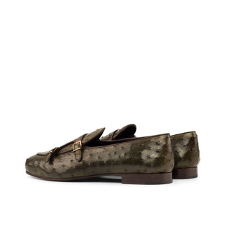Ambrogio Men's Handmade Custom Made Shoes Brown & Olive Ostrich / Calf-Skin Leather Monk Slipper Loafers (AMB1103)