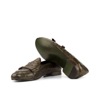 Ambrogio Men's Handmade Custom Made Shoes Brown & Olive Ostrich / Calf-Skin Leather Monk Slipper Loafers (AMB1103)