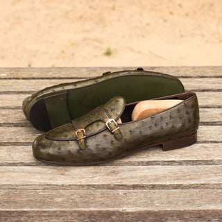 Ambrogio Men's Handmade Custom Made Shoes Brown & Olive Ostrich / Calf-Skin Leather Monk Slipper Loafers (AMB1103)
