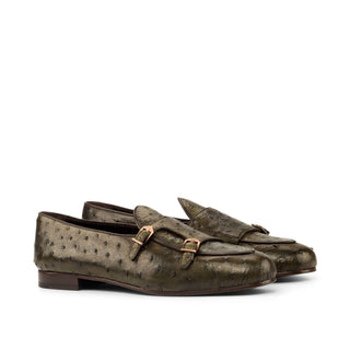 Ambrogio Men's Handmade Custom Made Shoes Brown & Olive Ostrich / Calf-Skin Leather Monk Slipper Loafers (AMB1103)