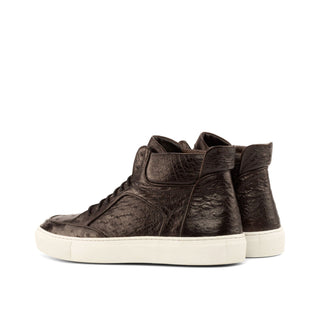 Ambrogio Men's Handmade Custom Made Shoes Brown Ostrich / Calf-Skin Leather High Top Sneakers (AMB1111)