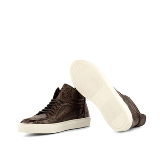 Ambrogio Men's Handmade Custom Made Shoes Brown Ostrich / Calf-Skin Leather High Top Sneakers (AMB1111)