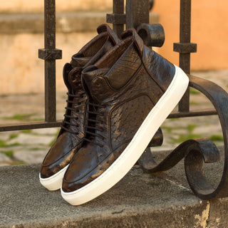 Ambrogio Men's Handmade Custom Made Shoes Brown Ostrich / Calf-Skin Leather High Top Sneakers (AMB1111)