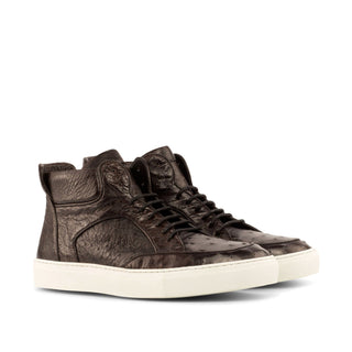 Ambrogio Men's Handmade Custom Made Shoes Brown Ostrich / Calf-Skin Leather High Top Sneakers (AMB1111)