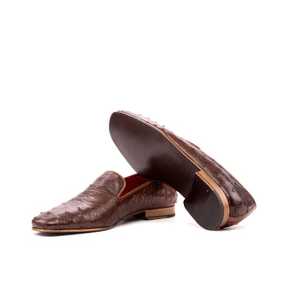 Ambrogio Men's Handmade Custom Made Shoes Brown Ostrich Drake Slip-On Loafers (AMB1112)