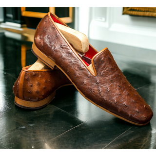 Ambrogio Men's Handmade Custom Made Shoes Brown Ostrich Drake Slip-On Loafers (AMB1112)