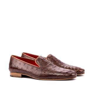 Ambrogio Men's Handmade Custom Made Shoes Brown Ostrich Drake Slip-On Loafers (AMB1112)