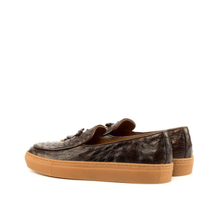 Ambrogio Men's Handmade Custom Made Shoes Brown Ostrich Slip-On Belgian Sneakers (AMB1124)