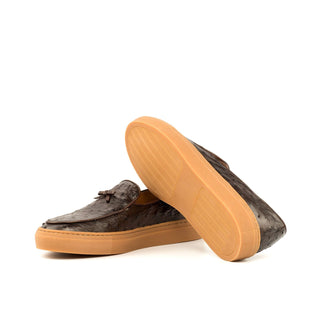 Ambrogio Men's Handmade Custom Made Shoes Brown Ostrich Slip-On Belgian Sneakers (AMB1124)