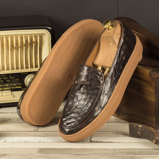 Ambrogio Men's Handmade Custom Made Shoes Brown Ostrich Slip-On Belgian Sneakers (AMB1124)
