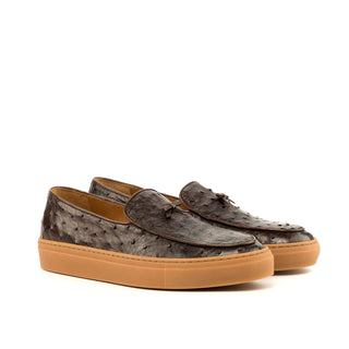 Ambrogio Men's Handmade Custom Made Shoes Brown Ostrich Slip-On Belgian Sneakers (AMB1124)