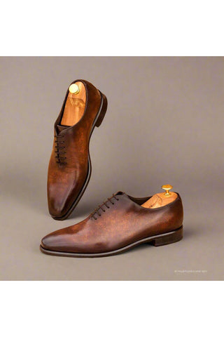 Ambrogio Men's Handmade Custom Made Shoes Brown Patina Leather Plain Oxfords (AMB1090)-AmbrogioShoes