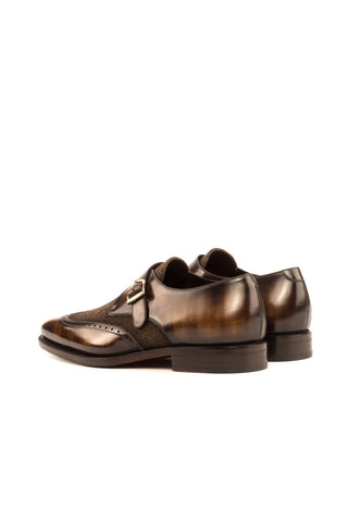 Ambrogio Men's Handmade Custom Made Shoes Brown Texture Embossed / Patina Leather Monk-Straps Loafers (AMB1063)-AmbrogioShoes