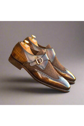 Ambrogio Men's Handmade Custom Made Shoes Brown Texture Embossed / Patina Leather Monk-Straps Loafers (AMB1063)-AmbrogioShoes