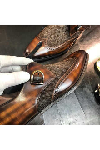 Ambrogio Men's Handmade Custom Made Shoes Brown Texture Embossed / Patina Leather Monk-Straps Loafers (AMB1063)-AmbrogioShoes