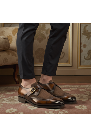 Ambrogio Men's Handmade Custom Made Shoes Brown Texture Embossed / Patina Leather Monk-Straps Loafers (AMB1063)-AmbrogioShoes