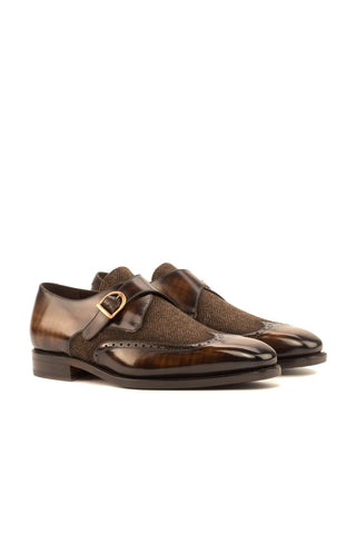 Ambrogio Men's Handmade Custom Made Shoes Brown Texture Embossed / Patina Leather Monk-Straps Loafers (AMB1063)-AmbrogioShoes