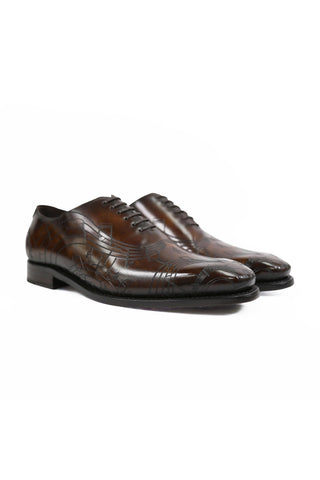 Ambrogio Men's Handmade Custom Made Shoes Brown Tobbacco Music Texture Embossed / Patina Leather Wholecut Plain Oxfords (AMB1633)-AmbrogioShoes