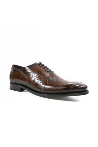Ambrogio Men's Handmade Custom Made Shoes Brown Tobbacco Music Texture Embossed / Patina Leather Wholecut Plain Oxfords (AMB1633)-AmbrogioShoes