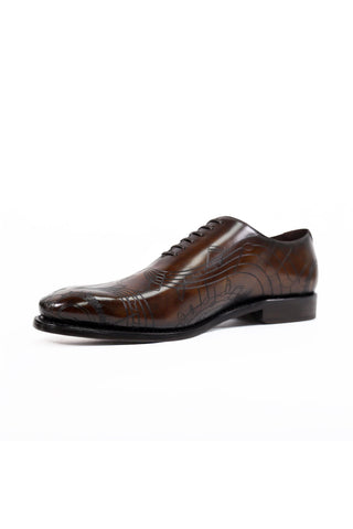 Ambrogio Men's Handmade Custom Made Shoes Brown Tobbacco Music Texture Embossed / Patina Leather Wholecut Plain Oxfords (AMB1633)-AmbrogioShoes