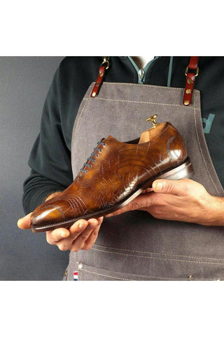 Ambrogio Men's Handmade Custom Made Shoes Brown Tobbacco Music Texture Embossed / Patina Leather Wholecut Plain Oxfords (AMB1633)-AmbrogioShoes