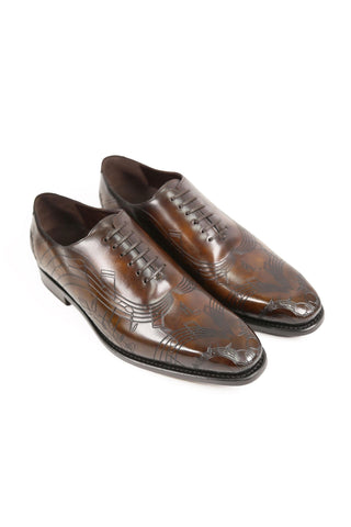 Ambrogio Men's Handmade Custom Made Shoes Brown Tobbacco Music Texture Embossed / Patina Leather Wholecut Plain Oxfords (AMB1633)-AmbrogioShoes